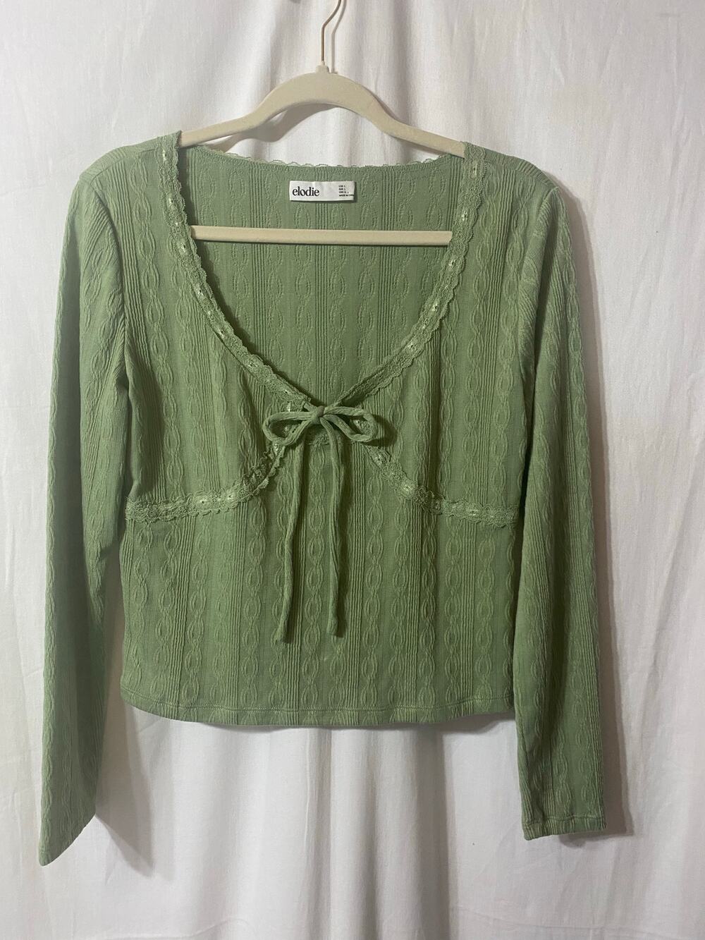 Anthropologie Elodie Sage Green Babydoll Bow Lace Cropped Top Large Y2K